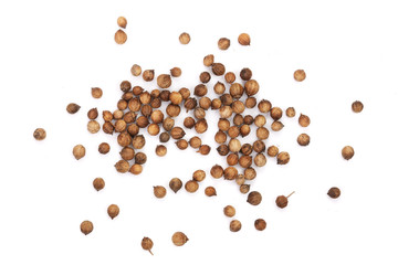 Coriander seeds isolated on white background top view
