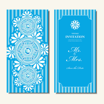 Wedding invitation card, elegant blue diamond and white floral round pattern background , indian design vector