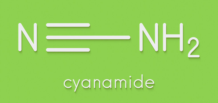 Cyanamide molecule. Used in agriculture and chemical synthesis. Skeletal formula.