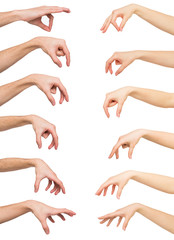 Set of white man and woman hands. Hand picking up something