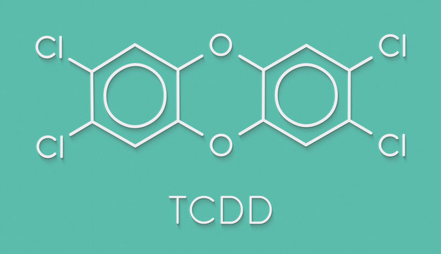 TCDD polychlorinated dibenzodioxin pollutant molecule (commonly called dioxin). Byproduct formed during incineration of chlorine-containing materials. Skeletal formula.