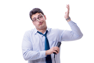 Businessman sweating excessively smelling bad isolated on white 