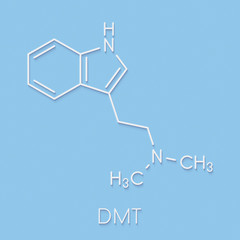 Dimethyltryptamine (DMT) psychedelic drug molecule. Present in the drink ayahuasca. Skeletal formula.