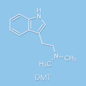 Dimethyltryptamine (DMT) psychedelic drug molecule. Present in the drink ayahuasca. Skeletal formula.