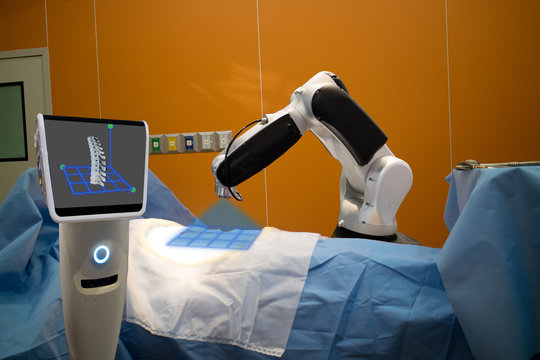 The Robot Assistant In Medical Technology Use For Scan A Patient Before Spinal Surgery And Send The Data Of 3d Spinal To The Monitor On Robot It Help To Pinpoint Instrument Accuracy For Quicker, Safer