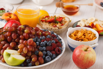 Fresh healthy breakfast with fruits closeup