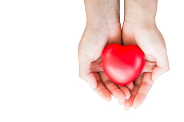 Women hand hold a red heart with clipping path and copy space on white background, Health insurance concept.