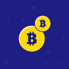 Illsutrated trendy flat two coins bitcoin symbol on a blue background.