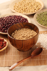 Black rice ,rice, millet, beans, goji (wolfberry)， and grind up those to make some kind of healthy food flour. It is a popular food in China, and named wugufen. 