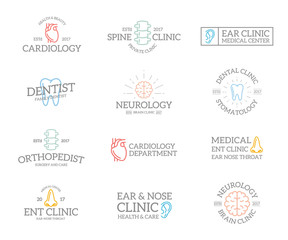 Set of retro vintage organ and anatomy logo or insignia, emblems, labels and badges and other branding objects. Vector line style