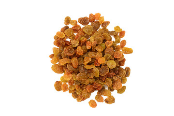 handful of dried raisins on a white background