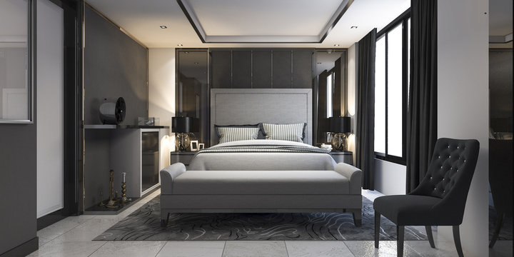3d rendering modern luxury bedroom suite in hotel with decor