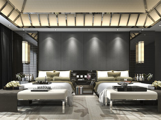 3d rendering luxury tropical bedroom suite in resort hotel