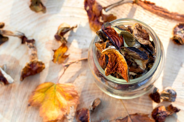 Dried mushrooms in jar on wooden background.
