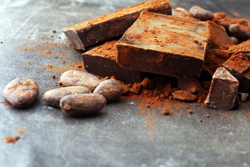 Raw cocoa beans, cocoa powder and chocolate pieces.