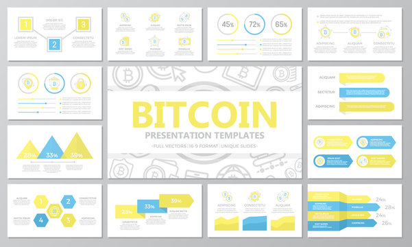 Set of digital money and bitcoin, cryptocurrency elements for multipurpose presentation template slides with graphs and charts. Leaflet, corporate report, marketing, advertising, annual report, book