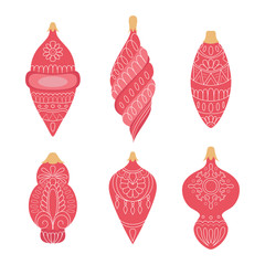 Collection red hand drawn christmas ball with doodle ornament isolated on white. Set decorative element for any design.