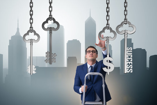Businessman in key to financial success concept