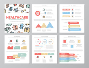 Set of colored medical and healthcare elements for multipurpose a4 presentation template slides with graphs and charts. Leaflet, corporate report, marketing, advertising, annual report, book cover