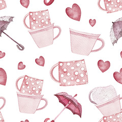 Watercolor sweet autumn seamless pattern. Pattern included balloons, sweet cups, umbrella, hearts.  Perfect for design wedding cards,cover,wallpapers,patterns,invitations.