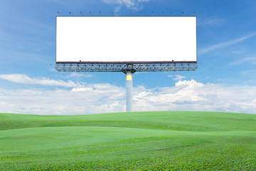 Blank billboard for your advertisement with space for text on green grass field,blue sky white cloud background.
