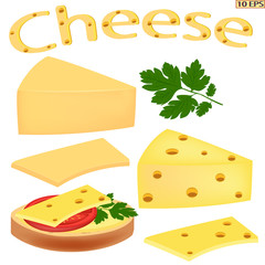 Big piece of cheese in a realistic style, isolated on white background. Sliced cheese on the plate. Sandwich. Vector illustration for advertising food, recipe kitchen interior design.