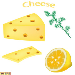 Big piece of cheese in a realistic style, isolated on white background. Sliced cheese on the plate. Sandwich. Vector illustration for advertising food, recipe kitchen interior design.