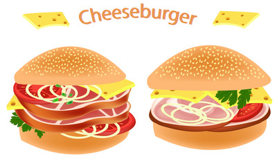 Sandwich.  Cheeseburger with smoked pork. Hamburger with smoked ham . Bun with butter, cheese, tomatoes, parsley and delicacy meat. Vector illustration.