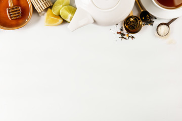 Fototapeta na wymiar Background of tea composition with crockery