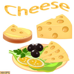 Big piece of cheese in a realistic style, isolated on white background. Sliced cheese on the plate. Sandwich. Vector illustration for advertising food, recipe kitchen interior design.