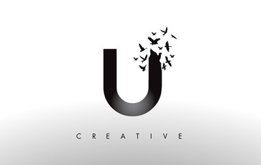 U Logo Letter with Flock of Birds Flying and Disintegrating from the Letter.