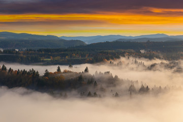 Foggy Sandy River Valley during Sunrise in Oregon USA America © jpldesigns