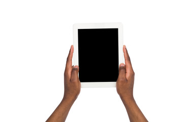 Black man holding tablet. Point of view