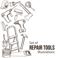 Set of building repair tools, sketch illustration of repair tool. Vector