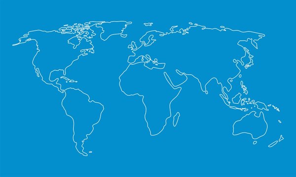 World map outline graphic freehand drawing on blue background. Vector illustration