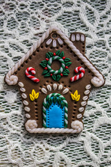 the Gingerbread house background-texture openwork white background with copy space - 176739943