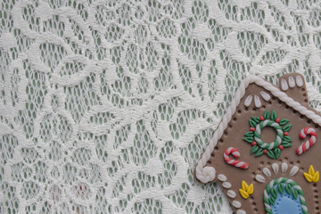 the Gingerbread house background-texture openwork white background with copy space