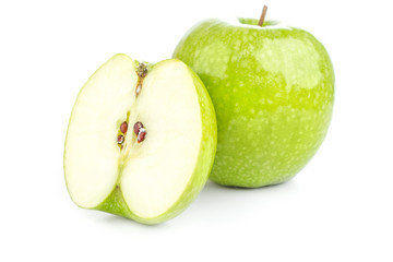 one ripe juicy green apple on a white background