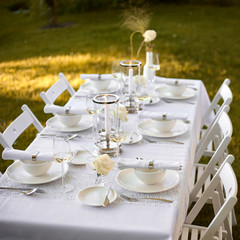 Weiße Tischdekoration für Hochzeit oder kleine Feier