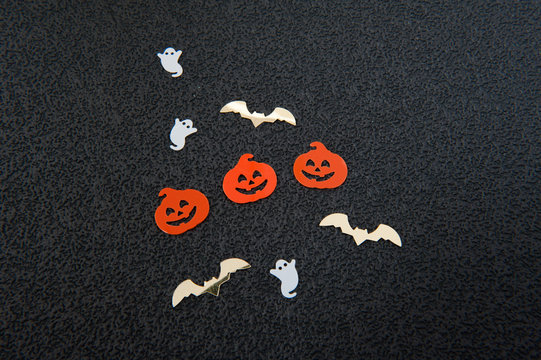 Halloween - red pumpkins, ghosts and bats
