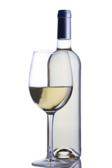 High glass with still white wine and wine bottle isolated on white background