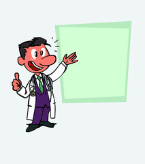Happy white doctor makes the gesture of ok. Is showing, as in a presentation, the data you want.