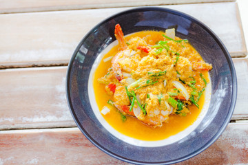 Sea-food, shrimp in yellow curry,