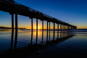 Silhouette of Scripps pier against the setting sun in San Diego, California