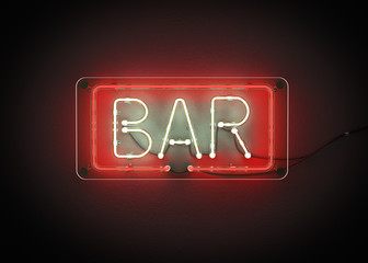 Bar sign made from neon alphabet on a black background. 3D illustration