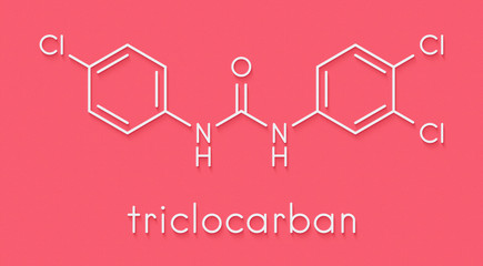 Triclocarban antibacterial agent molecule. Often used in antibacterial soaps and lotions. Skeletal formula.