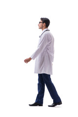 Young doctor physician standing walking isolated on white backgr