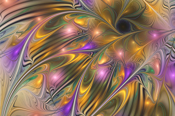 Abstract glossy exotic flower. Fantasy asymmetric fractal design in golden, rose and green colors. Digital art. 3D rendering.