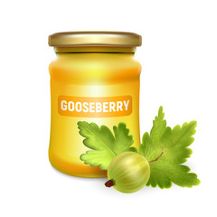 Glass jar with jam, configure or honey with realistic gooseberry on white background. Vector illustration. Mock up mason jar with realistic gooseberry on white background