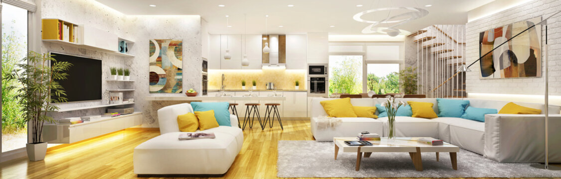 Big living room with modern kitchen